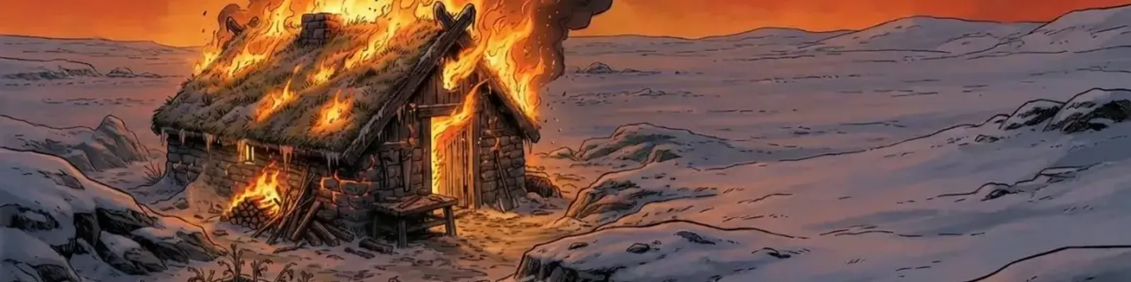 Burning hut at golden hour