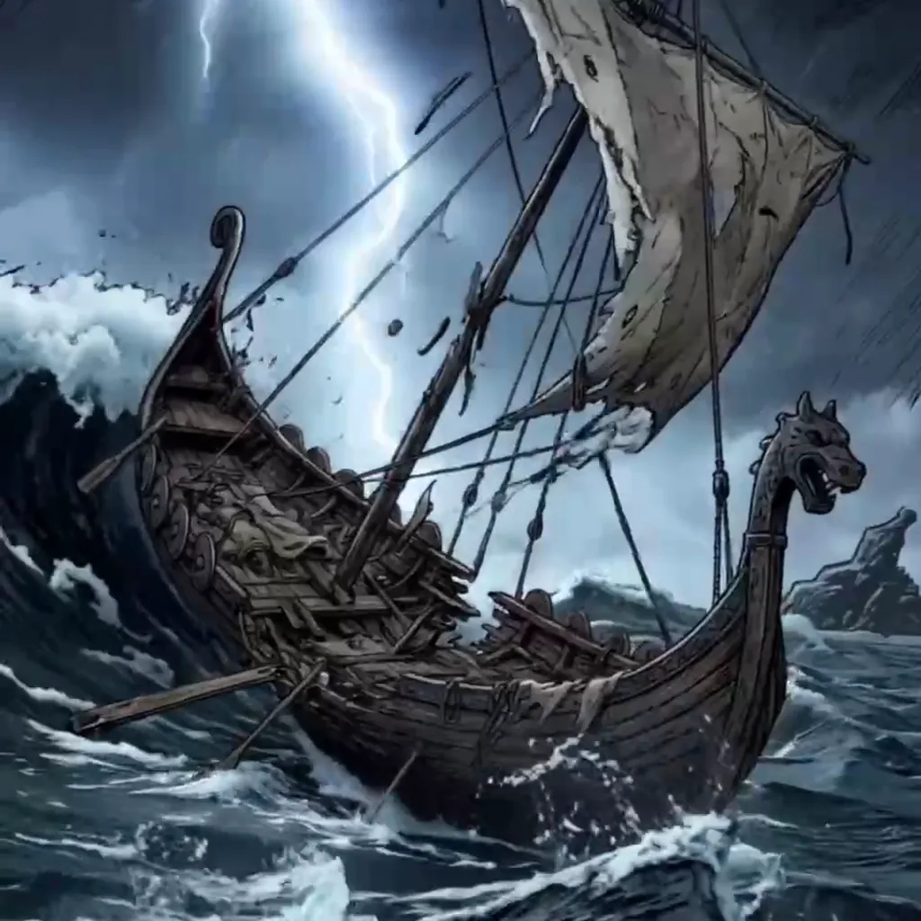 Viking longship in a lightning storm
