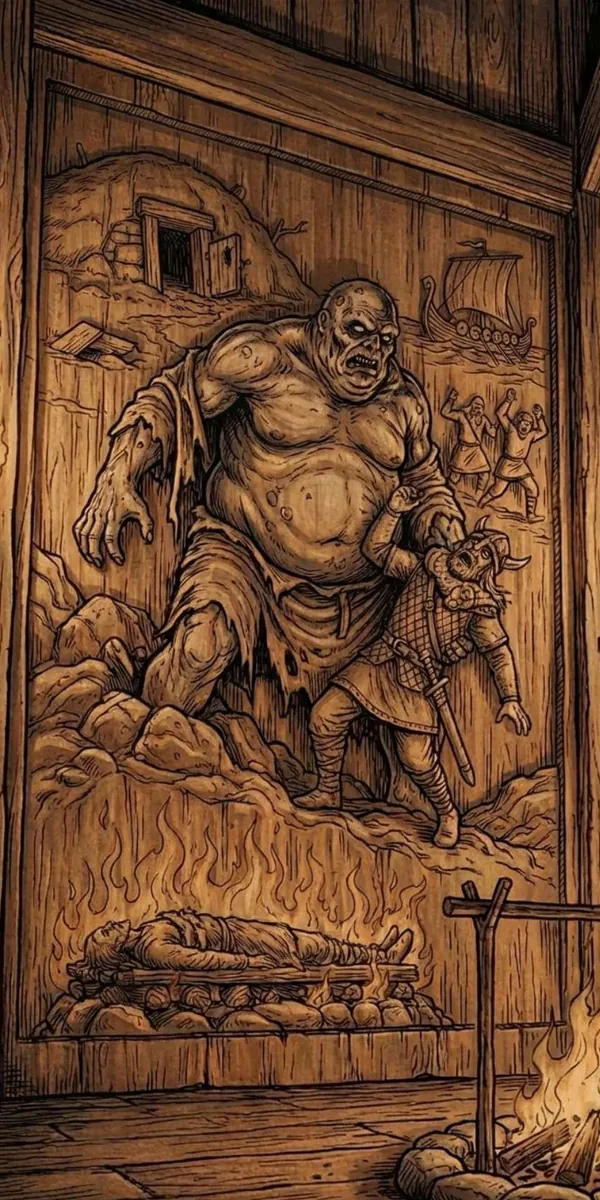 Carved wooden saga panel — draugr, hero, fallen warrior