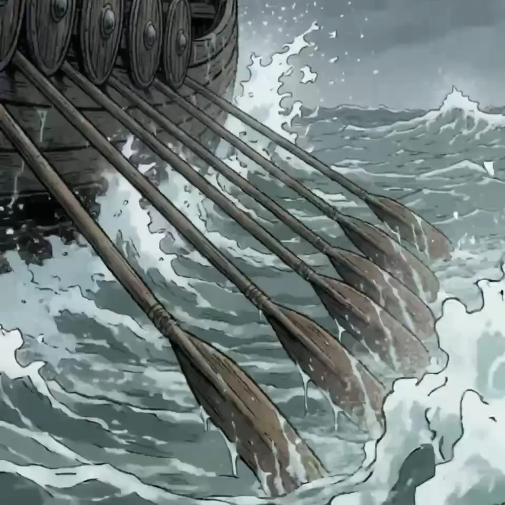 Viking longship oars striking stormy water