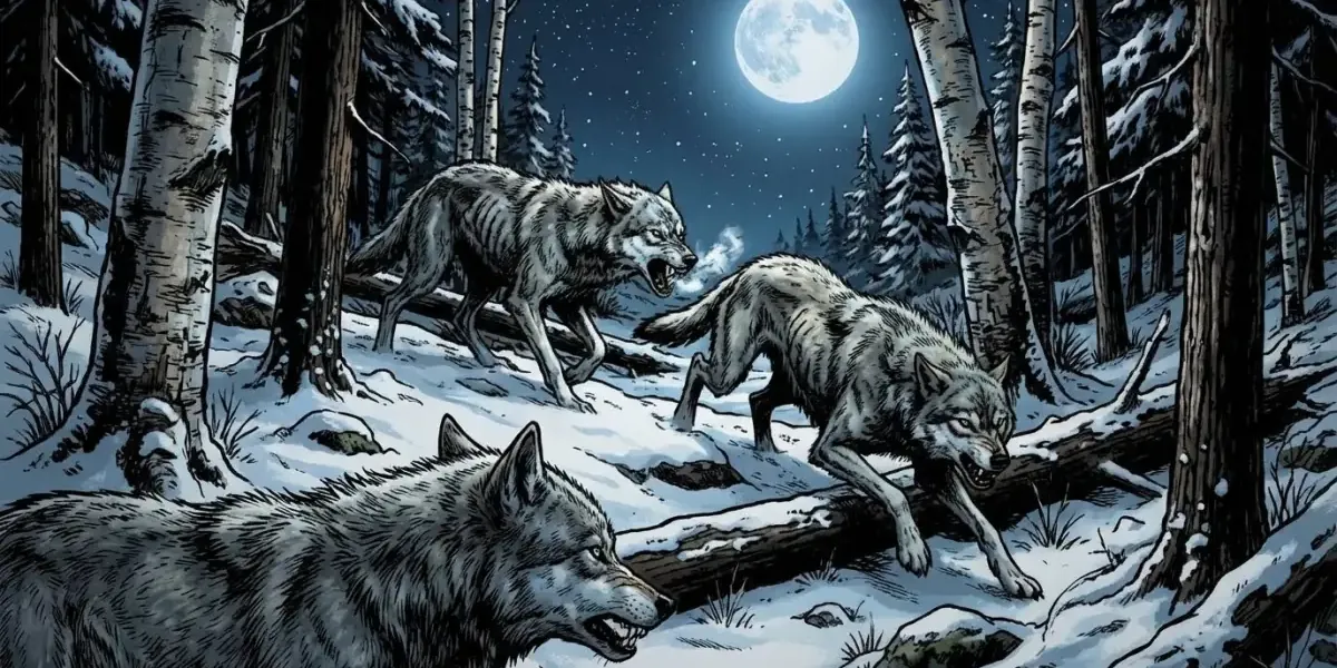 Wolves stalking through pine woods