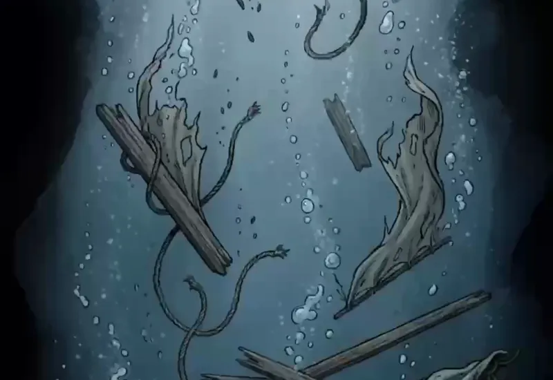 Storm debris and rope underwater — looking up at a faint moon
