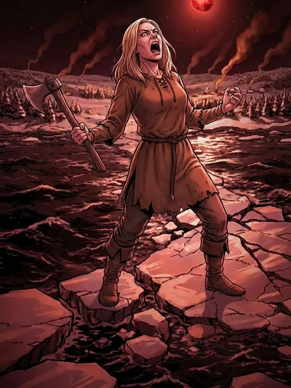 Heroine with axe under a blood moon