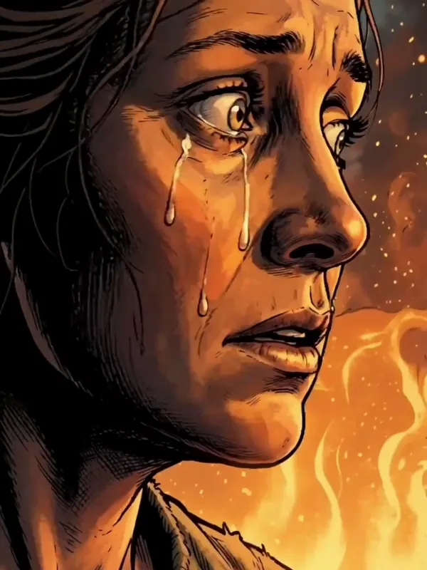 A woman crying, fire reflected in her eyes