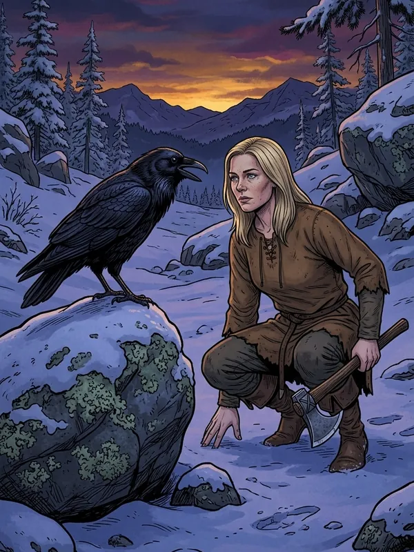 Heroine kneeling beside a raven at dusk