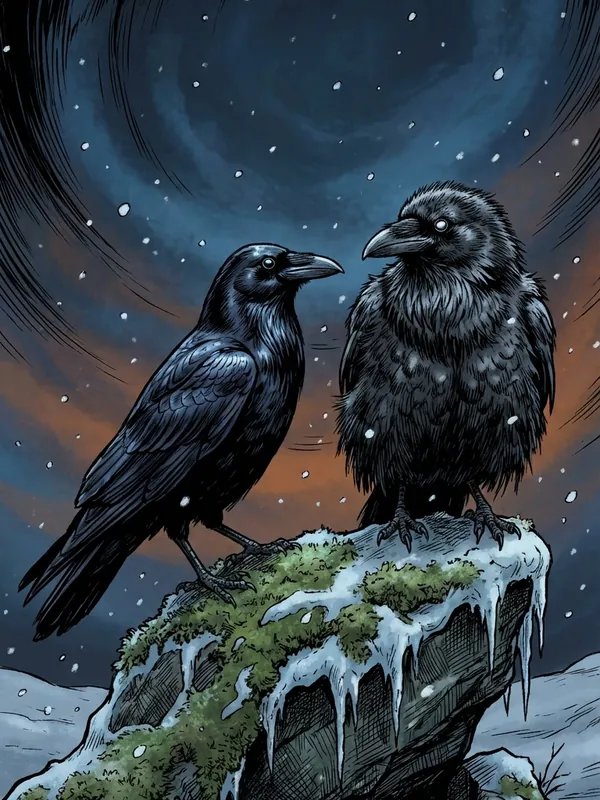Two ravens in falling snow — Huginn and Muninn