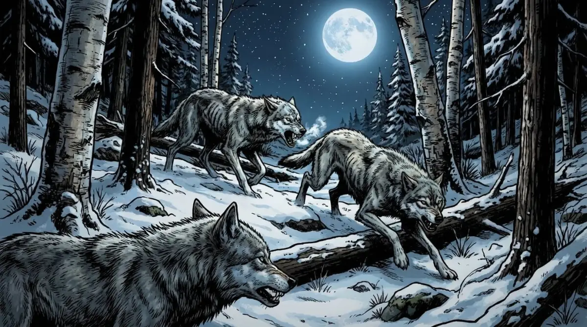 Wolves stalking through pine woods